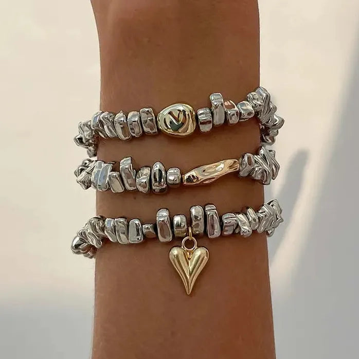 Vintage Heart Shaped Geometric Silver Bead Stretch Bracelet for Women Gift