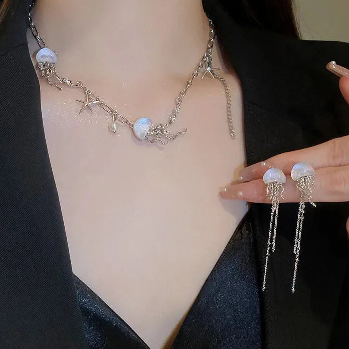 Silver Moonstone Starfish Jellyfish Pendant Necklace Women Vintage Tassel Jewelry