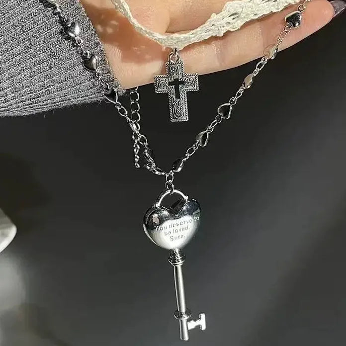 Y2K White Lace Cross Strap Key Pendant Choker Necklace for Women Jewelry