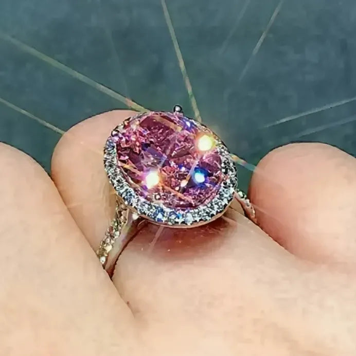 Silver Pink Cubic Zirconia Geometric Wedding Engagement Ring for Women