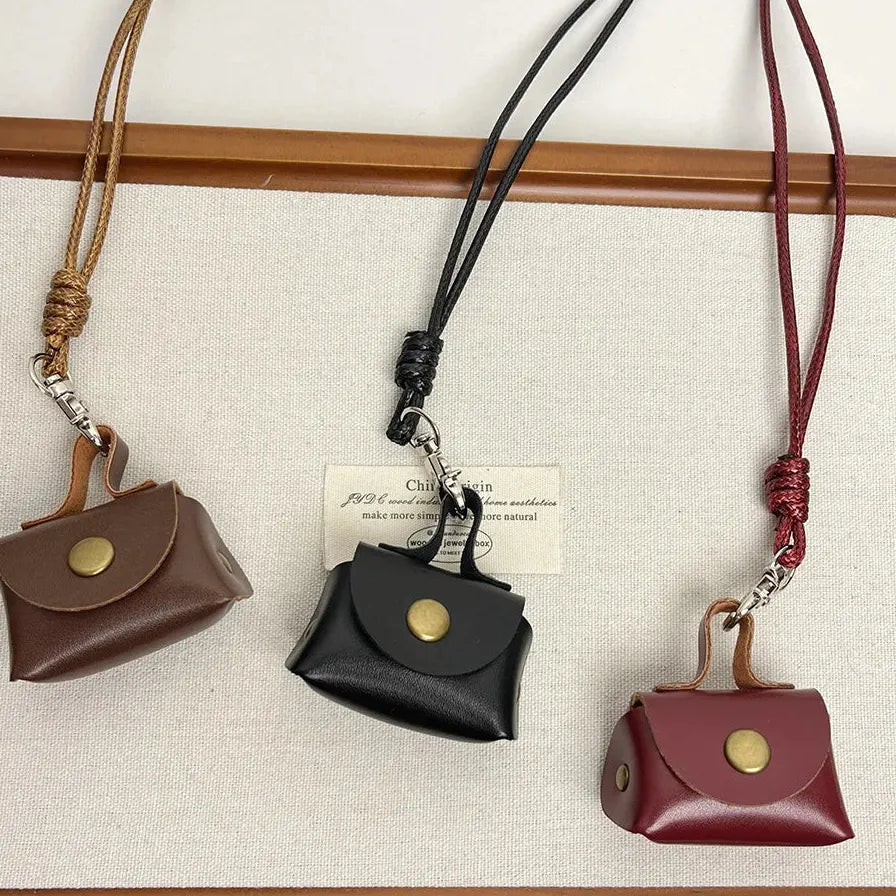 Leather Hanging Neck Coin Purse Pendant Necklace with Long Chain for Women