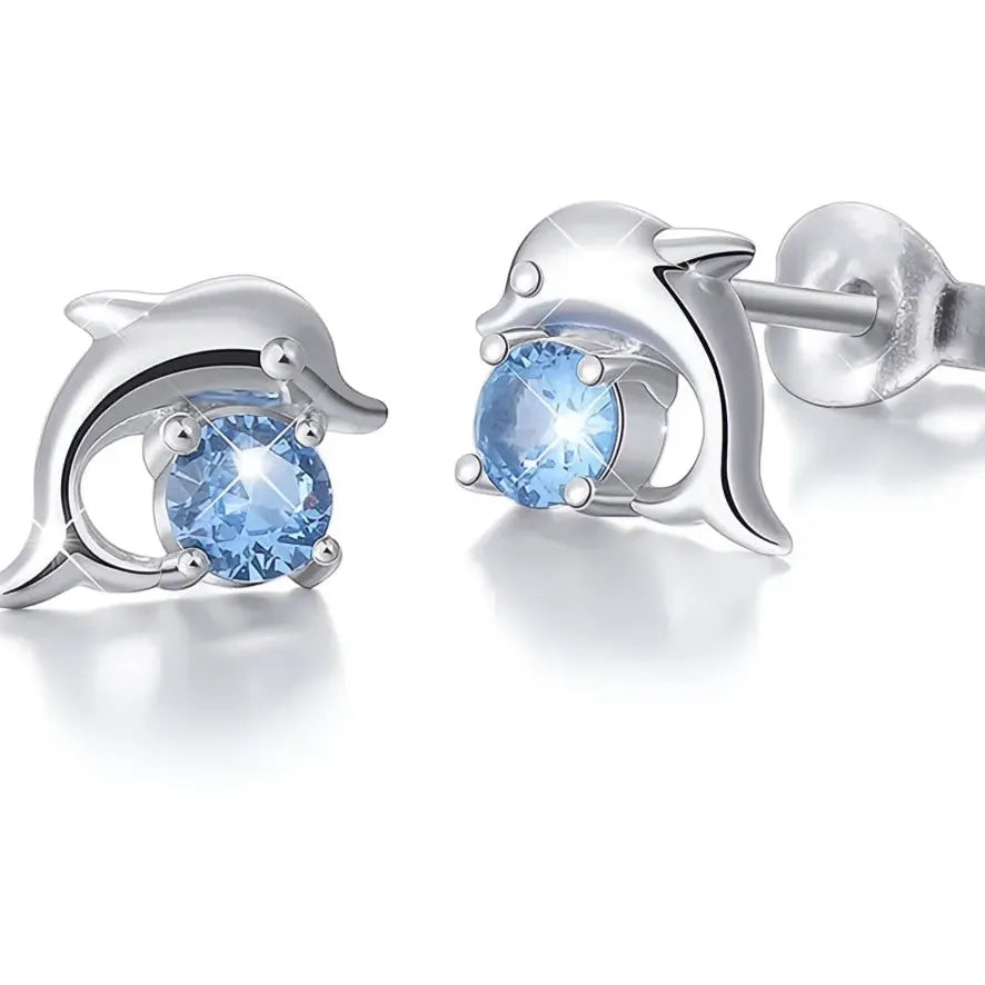 Ocean Blue Dolphin Cubic Zirconia Stud Earrings for Women Cute Animal Jewelry Gift