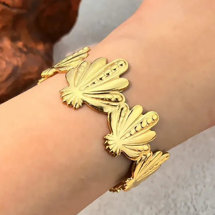 Vintage Ocean Lava Textured Starfish Coral Gold Plated Stainless Steel Cuff Bracelet