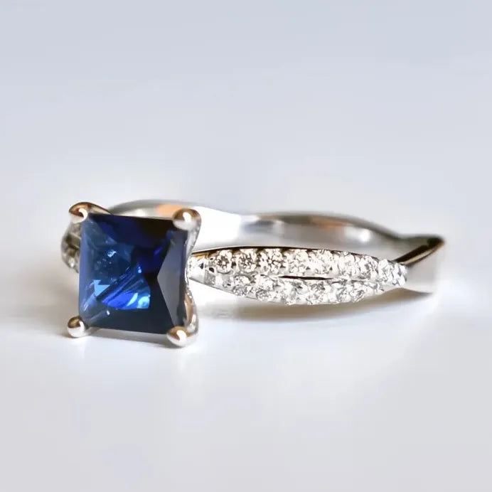 Princess Blue Cubic Zirconia Brass Wedding Band Ring for Women Elegant Jewelry