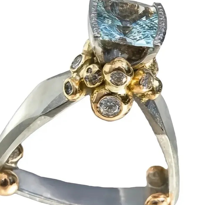 Geometric Brass Ring with Light Blue Cubic Zirconia for Women Party Jewelry