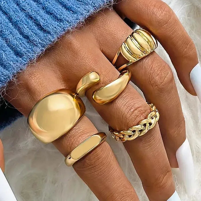 5Pcs Adjustable Vintage Gold Chain Pattern Fashion Rings for Women