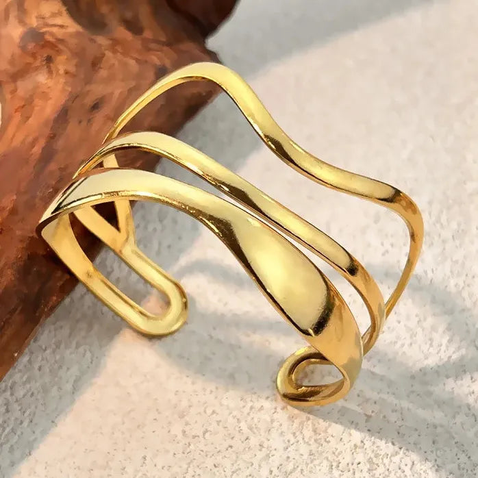 18K Gold Plated 316L Stainless Steel Hollow Ripple Opening Bangle Bracelet Women Punk Jewelry
