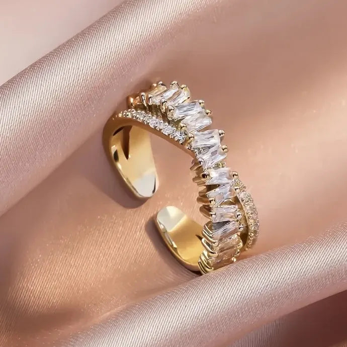 Luxury Copper Zirconia Resizable Double Opening Geometric Rings for Women Students