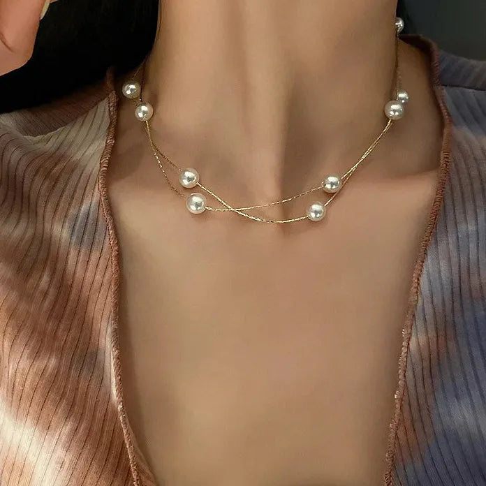 Imitation Pearl Choker Necklace for Women Double Layer Gold Chain Circle Pendant Gift