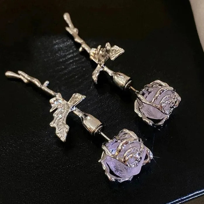 Copper Romantic Rose Crystal Earrings Women Gothic Thorn Stem Stud Studs Jewelry