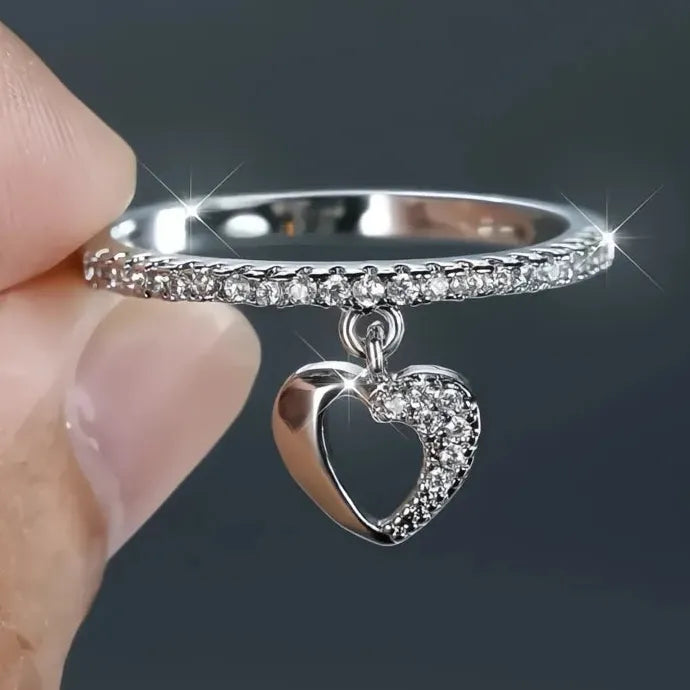 Elegant Heart Pendant Ring Women Wedding Shiny CZ Silver Gold Brass Jewelry
