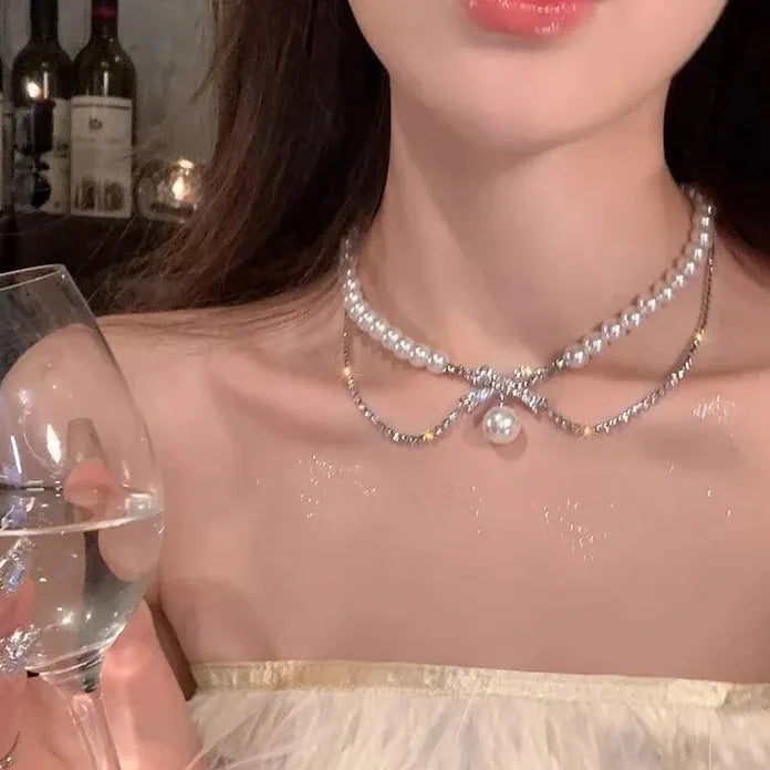 Pearl Bow Pendant Necklace Y2K Zircon Beads Tassel Double Clavicle Choker Gift