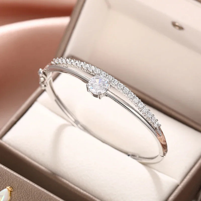 Geometric Double Line Bangle Bracelet with Cubic Zirconia for Women