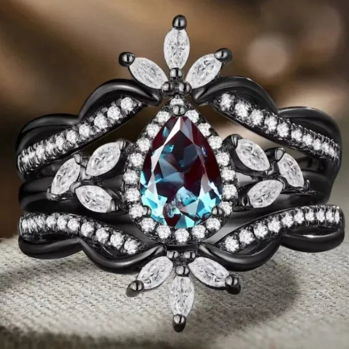 3 Piece Retro Gun Plated Black Zinc Alloy Ring Set with Micro Black Zircon