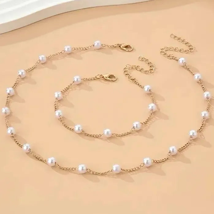 Kpop White Imitation Pearl Choker Necklace & Bracelet Set Silver Bridal Jewelry