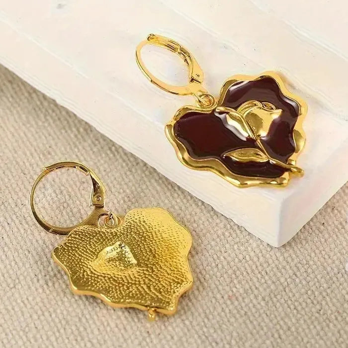 Golden Heart Flower Drop Earrings for Women Zinc Alloy Romantic Gift Jewelry