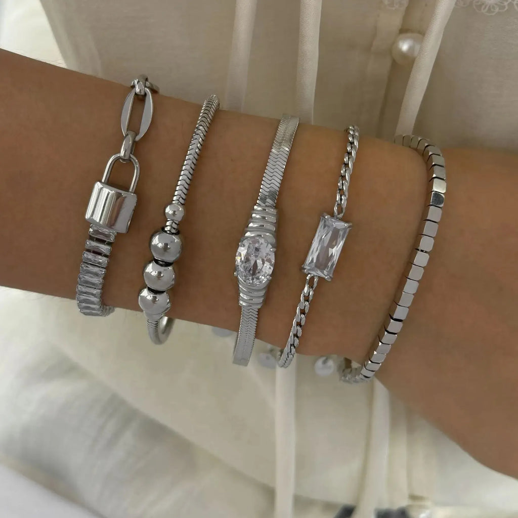 18K Gold Plated Stainless Steel Flat Snake Chain CZ Bracelet for Women Stylish