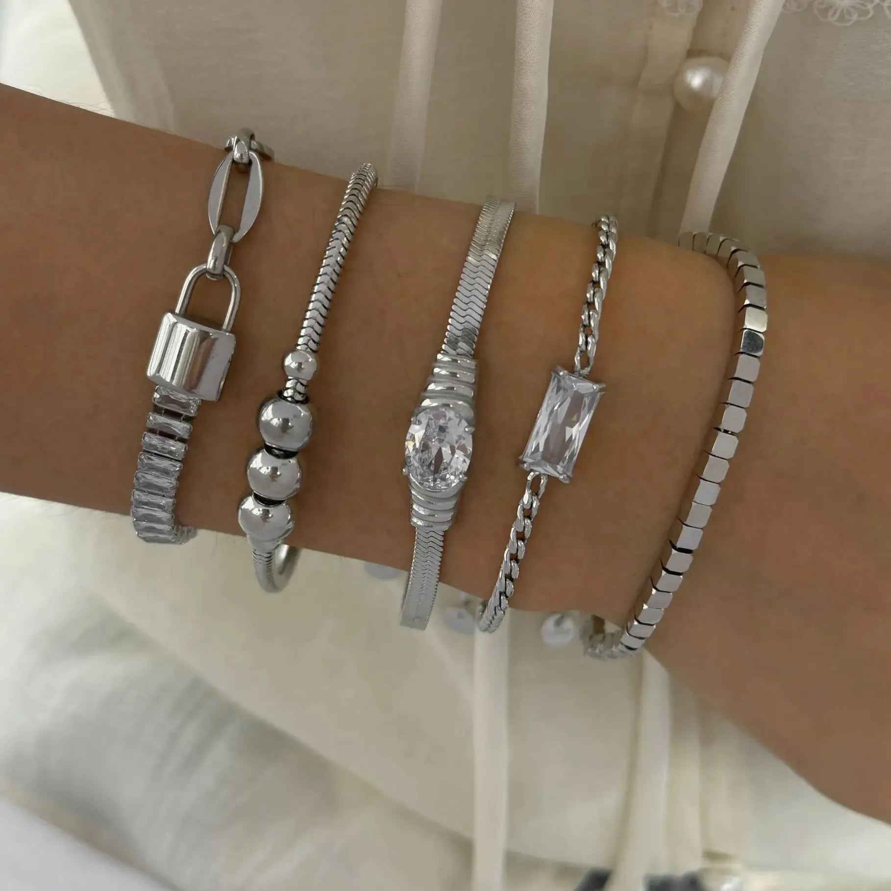 18K Gold Plated Stainless Steel Flat Snake Chain CZ Bracelet for Women Stylish