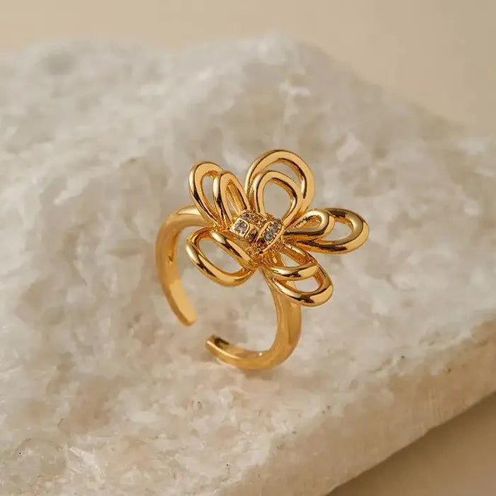 Adjustable Silver Zircon Skeleton Flower Ring for Women Copper Jewelry Gift