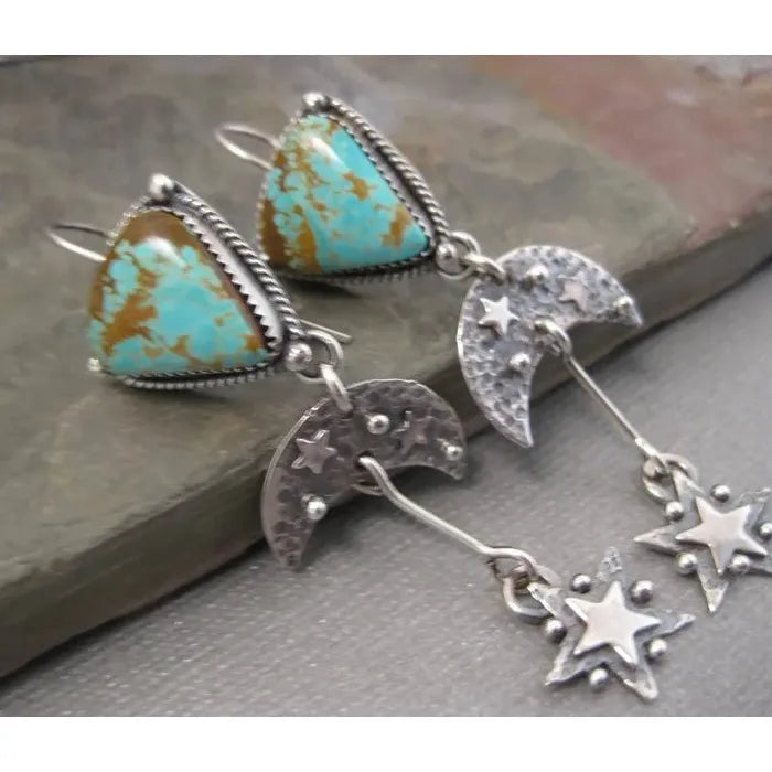 Bohemian Retro Triangle Blue Green Stone Earrings Zinc Alloy Star Moon Pendant