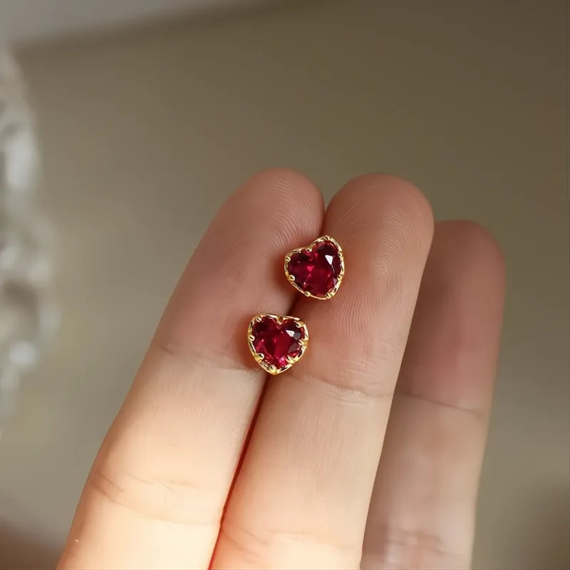 Charming Heart Red Cubic Zirconia Bridal Wedding Stud Earrings for Women