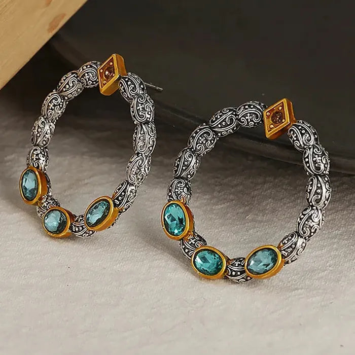 Vintage Inlaid Blue Semi-Precious Stone Zinc Alloy Bohemian Round Earrings Gift