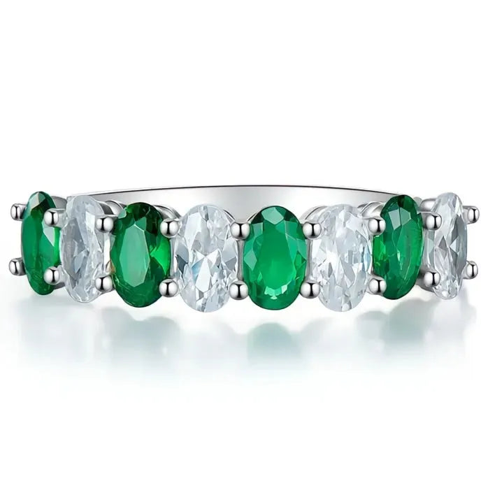 Women’s Silver Color Brass Wedding Band Ring with Green White Cubic Zirconia Geometric Design