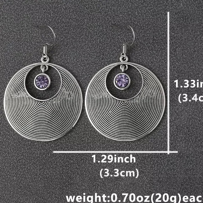 Retro Large Circular Hollow Purple Zinc Alloy Pendant Earrings for Women