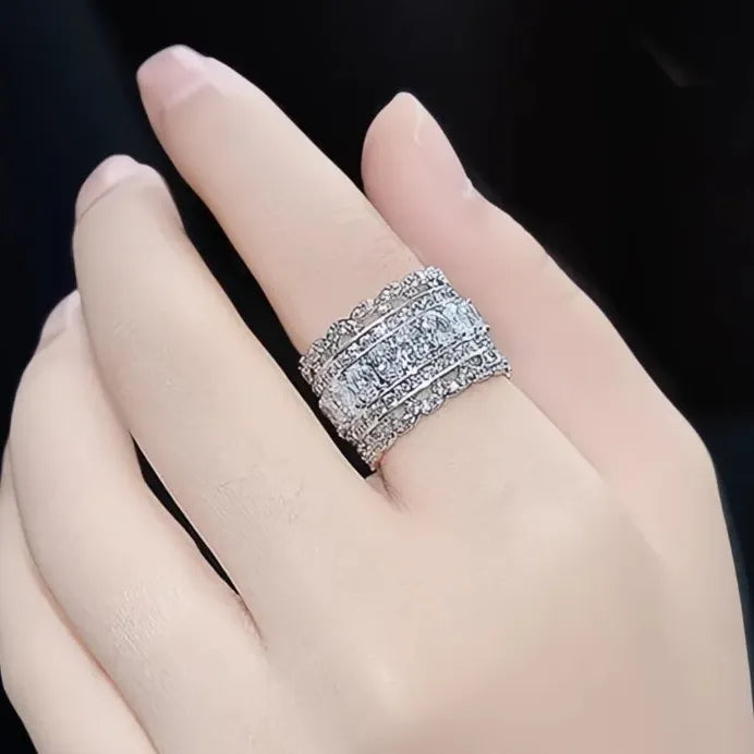 Women’s Geometric Silver Wedding Eternity Ring with Pave CZ Crystals