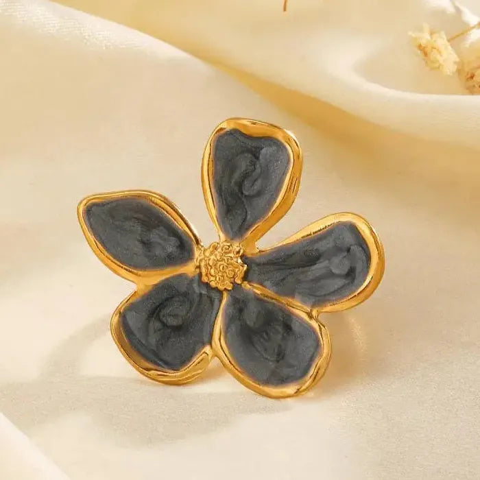 Vintage Stainless Steel Big Bloom Flower Cocktail Ring Black White Drip Oil