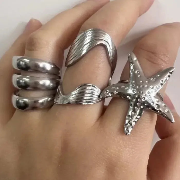 Adjustable Stainless Steel Starfish Multi-Layer Vintage Silver Ring for Women Men Jewelry