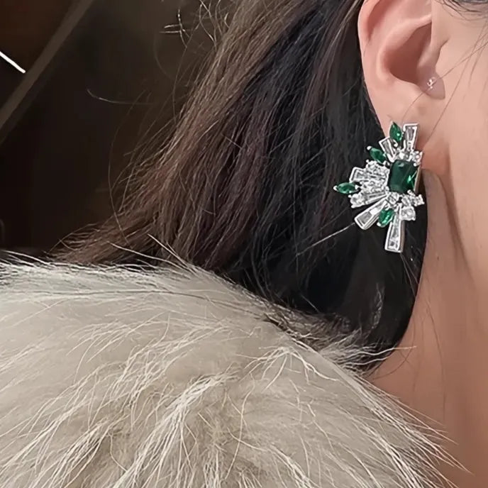 Luxury Women Geometric Copper Alloy Stud Earrings Inlaid Green White CZ Jewelry Gift