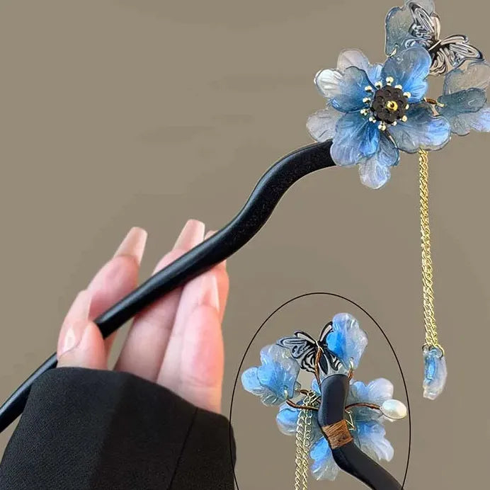 Elegant Wooden Hair Sticks for Women Chinese Style Floral Tassel Vintage Fork