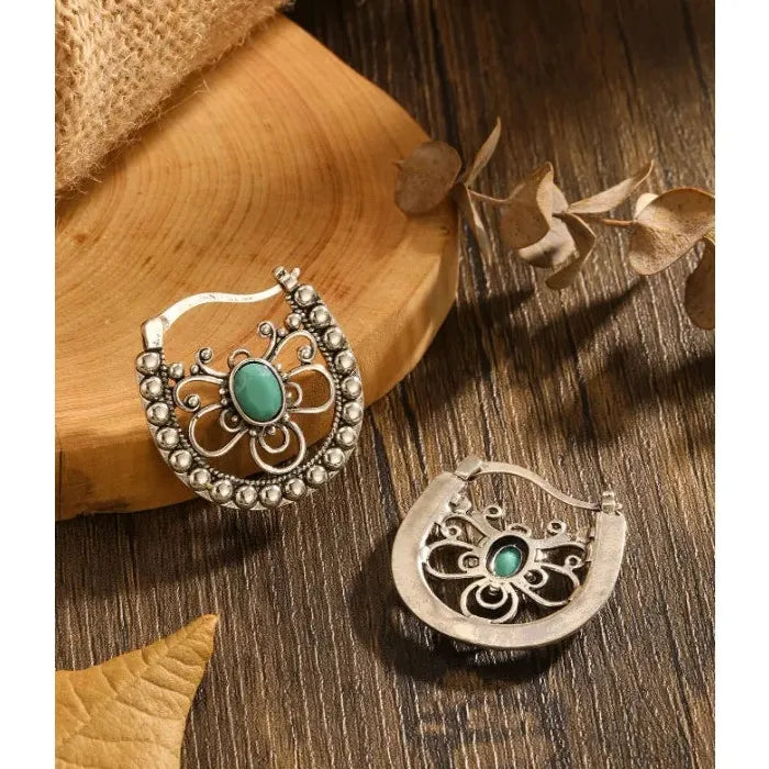 Bohemian Green Resin Inlaid Hollow Flower Drop Earrings Women's Wedding Jewelry