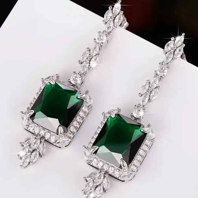 Geometric Square Green Cubic Zirconia Brass Dangle Earrings for Wedding Jewelry