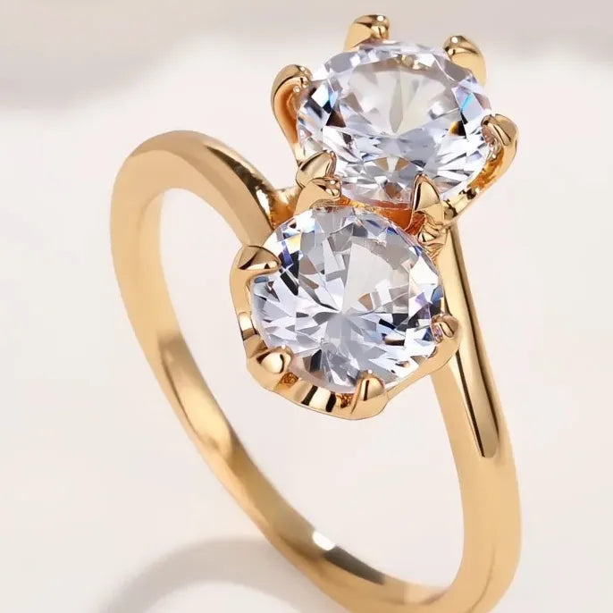 Women’s Elegant Brass Wedding Band Ring with Double Cubic Zirconia Gems