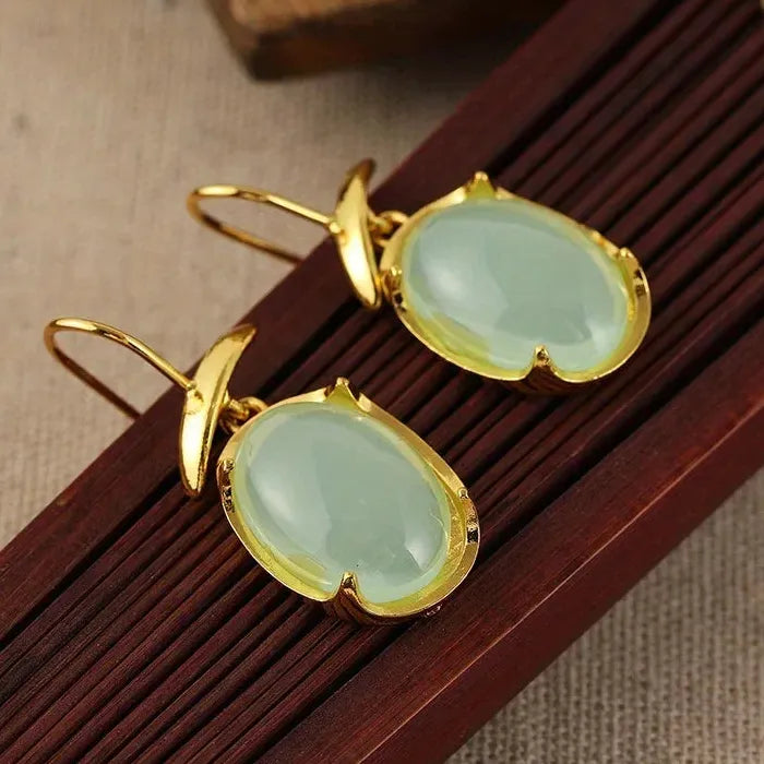 Bohemian Oval Metal Inlaid Synthetic Gemstone Hook Earrings for Women