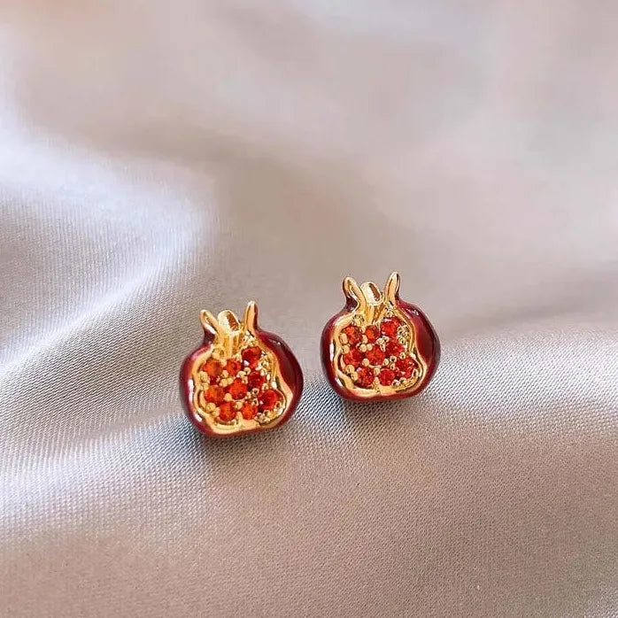 Vintage Red Pomegranate Gold C-Shape Hoop Earrings Necklace for Women Gift