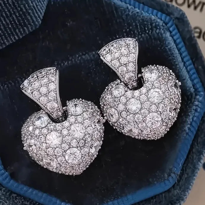 Elegant Brass Heart Drop Earrings with Sparkling Cubic Zirconia Wedding Jewelry