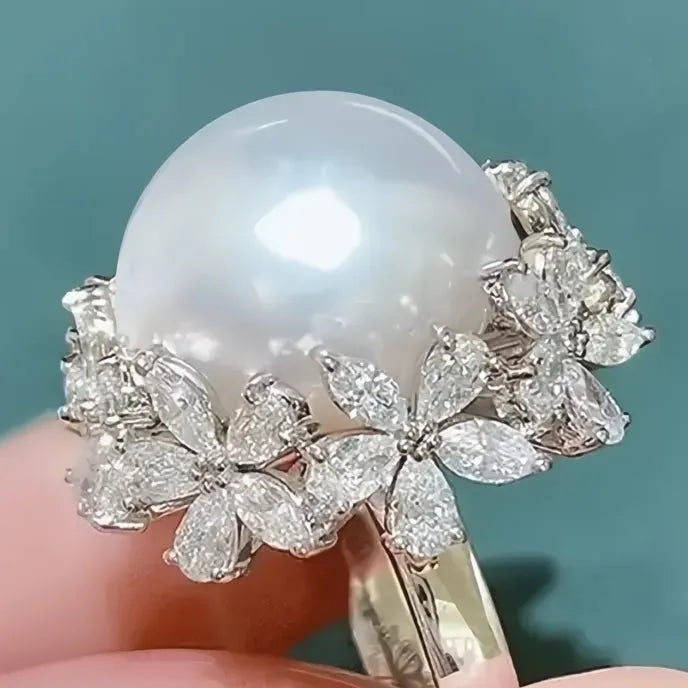 Women’s Brass Cocktail Ring with Imitation Pearl CZ Flower Geometric Design