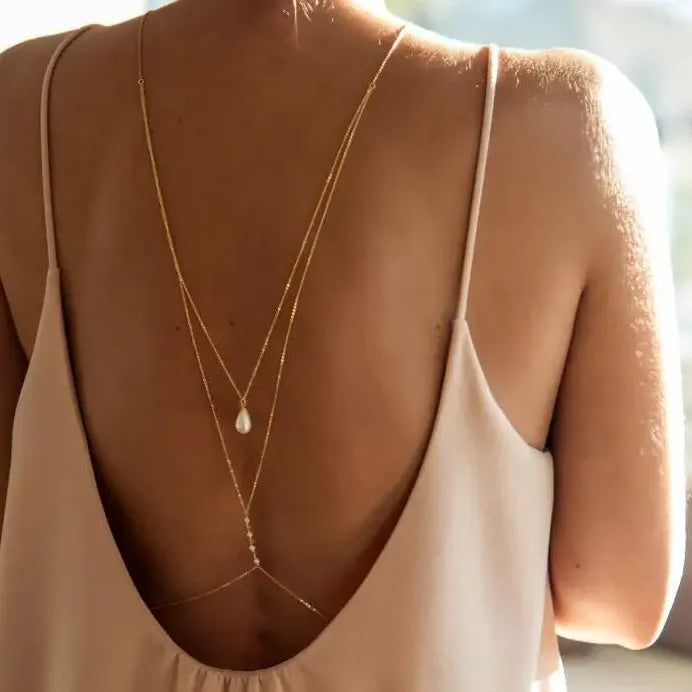 Boho Multi Layer Pearl Pendant Back Chains Beach Body Jewelry for Women