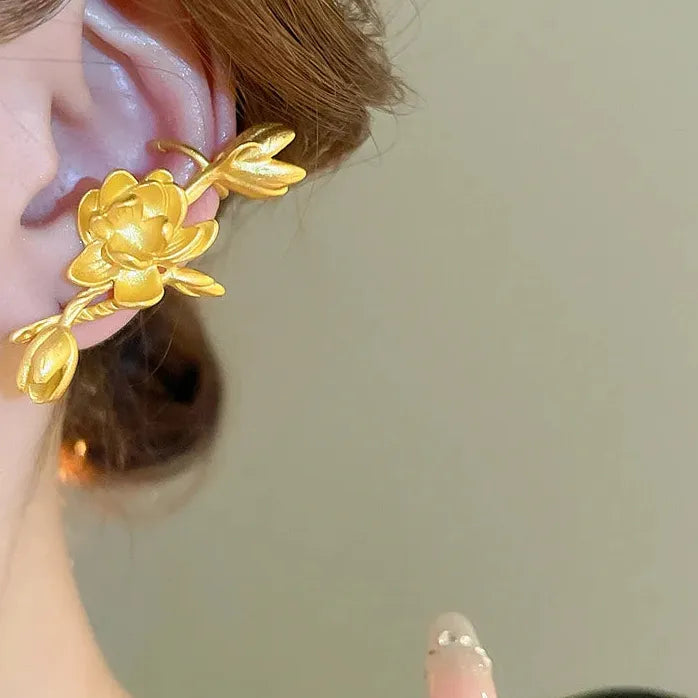 Vintage Matte Copper Jasmine Plant Stud Earrings Art Deco Unisex Jewelry
