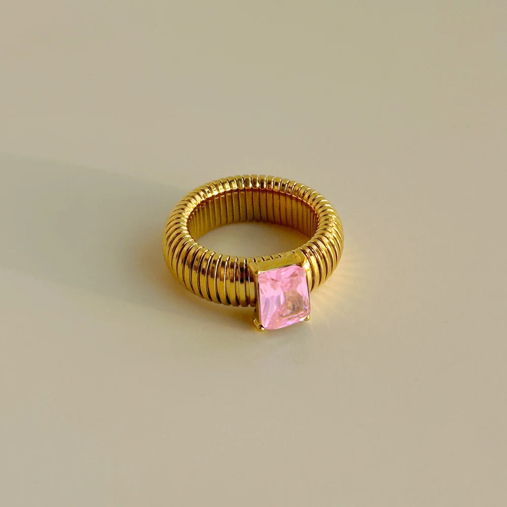 Punk Multicolor Crystal Ring for Women 18K Gold Plated Waterproof Thick Square Ring