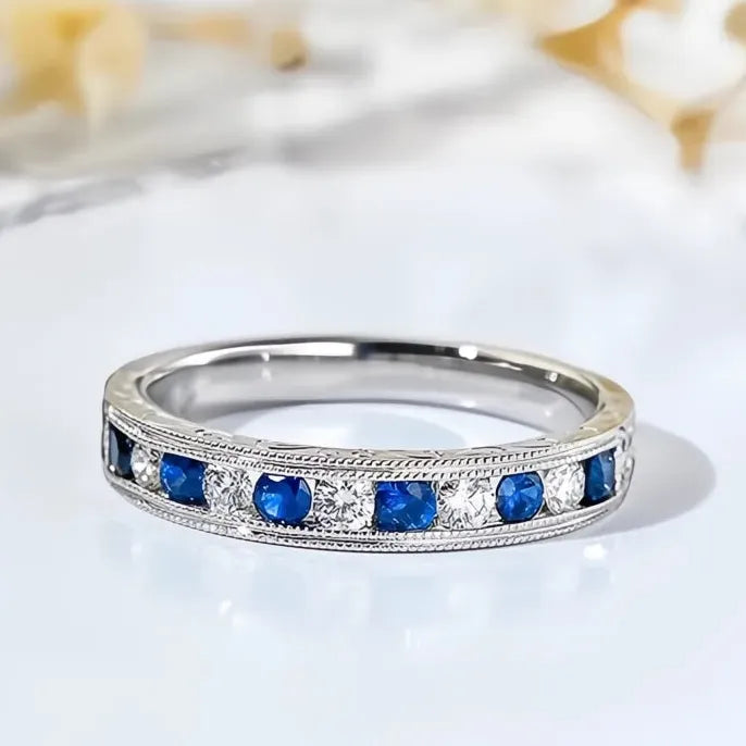 Blue White Cubic Zirconia Brass Eternity Wedding Band Ring for Women