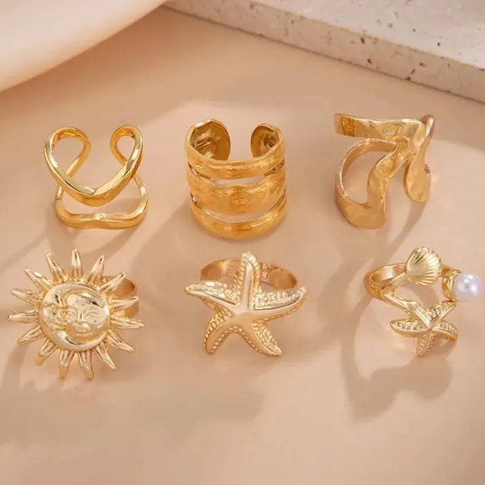 6Pcs Vintage Gold Starfish Sun Open Ring Set Punk Beach Jewelry