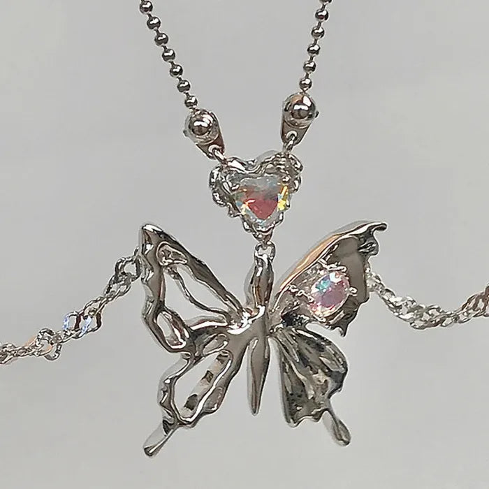 Vintage Y2K Butterfly Pendant Necklace Zinc Alloy Double Chain for Women