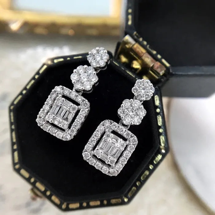 Geometric Flower Hollow Silver Earrings with White Stone Party Pendant for Women