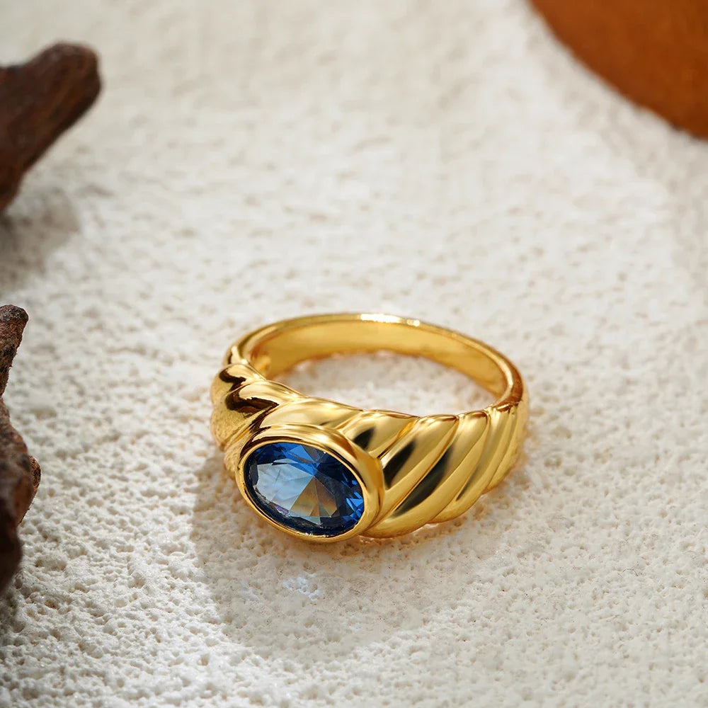 18K Gold Plated Multicolor Oval Crystal Ring for Women Hypoallergenic CZ Zircon Jewelry