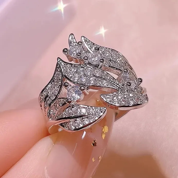 Luxury Leaf Design Full Paved Bling CZ Stone Bridal Wedding Ring 2022