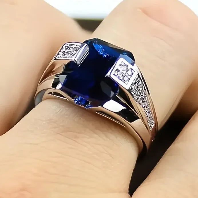 Deep Blue Geometric Cubic Zirconia Cocktail Ring for Women Silver Tone